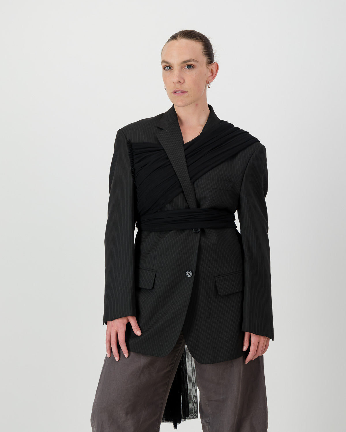 Wrap Blazer - Black with Pin Stripe